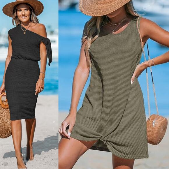 NWT Cupshe Cover Up Dress -Off-Shoulder Jersey Midi & Waffle Knit Twist Bundle L - Picture 1 of 5